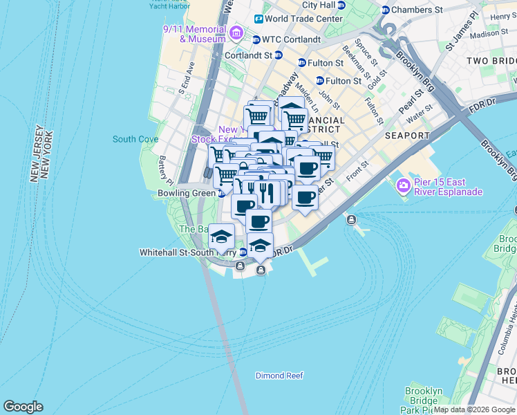map of restaurants, bars, coffee shops, grocery stores, and more near 90 Broad Street in New York