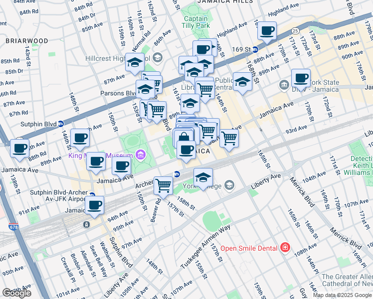 map of restaurants, bars, coffee shops, grocery stores, and more near 159-15 Jamaica Avenue in Queens