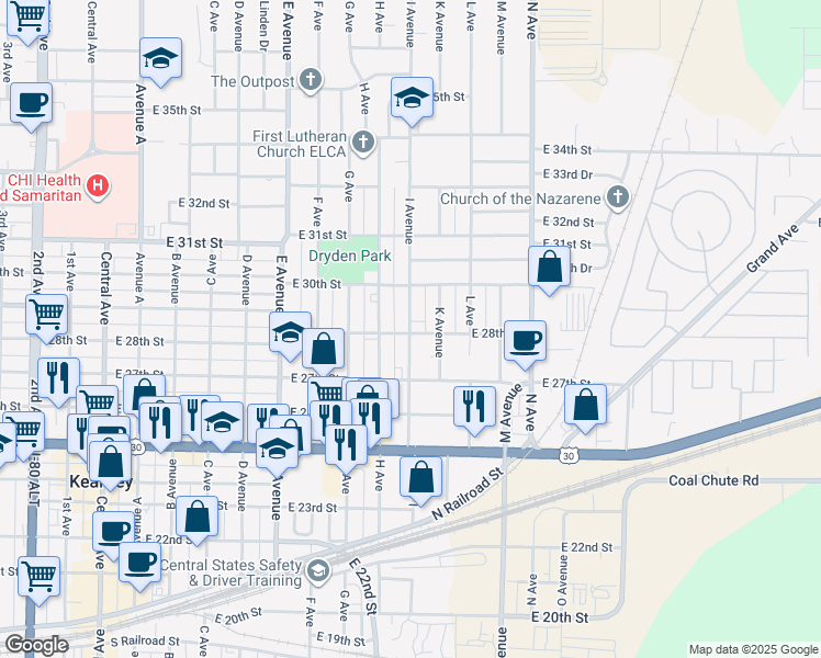 map of restaurants, bars, coffee shops, grocery stores, and more near 2817 Ave I in Kearney