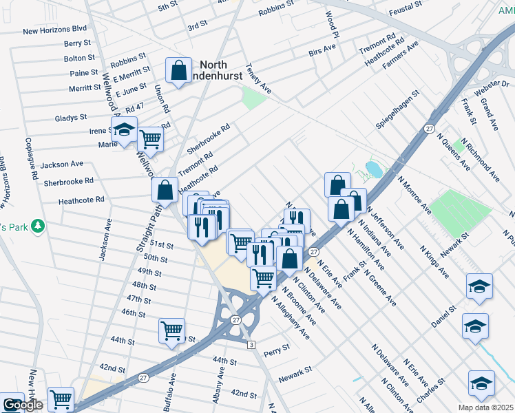 map of restaurants, bars, coffee shops, grocery stores, and more near 1029 North Delaware Avenue in Lindenhurst
