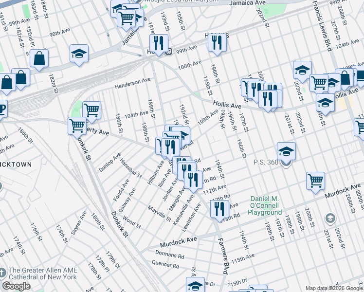 map of restaurants, bars, coffee shops, grocery stores, and more near 190-27 109th Road in Queens