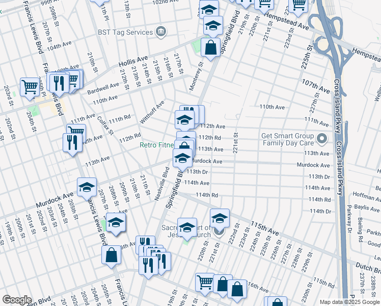 map of restaurants, bars, coffee shops, grocery stores, and more near 113-05 Springfield Boulevard in Queens