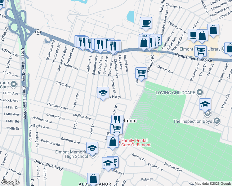 map of restaurants, bars, coffee shops, grocery stores, and more near 98 Seville Street in Elmont