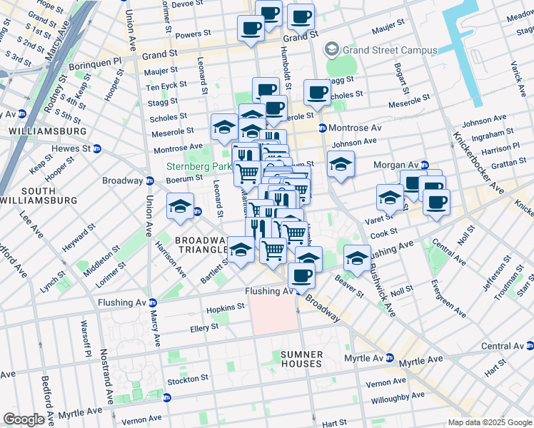 map of restaurants, bars, coffee shops, grocery stores, and more near 69 Moore Street in Brooklyn
