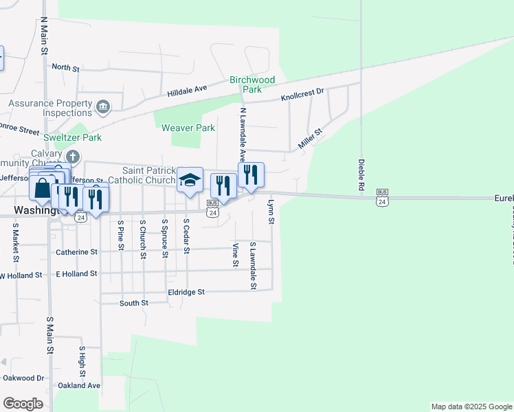 map of restaurants, bars, coffee shops, grocery stores, and more near 103 South Lawndale Street in Washington