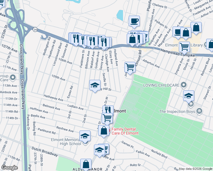 map of restaurants, bars, coffee shops, grocery stores, and more near 98 Seville Street in Elmont