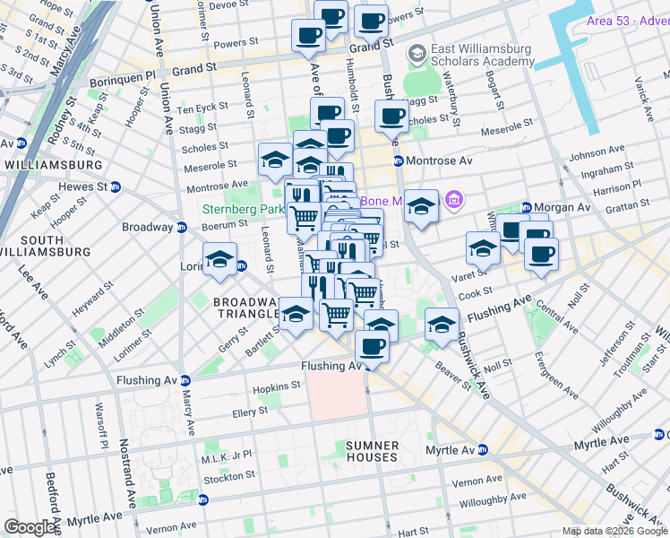 map of restaurants, bars, coffee shops, grocery stores, and more near 69 Moore Street in Brooklyn