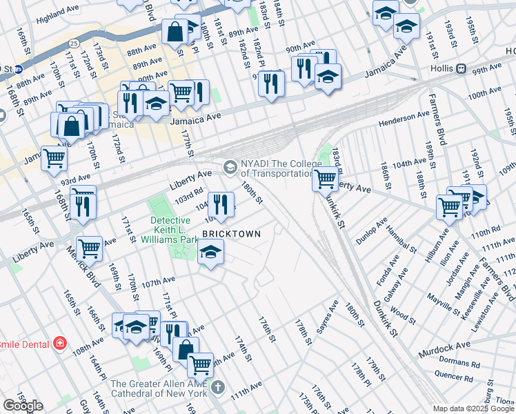 map of restaurants, bars, coffee shops, grocery stores, and more near 177-59 106th Avenue in Queens