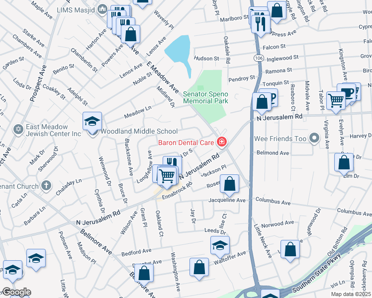 map of restaurants, bars, coffee shops, grocery stores, and more near 2133 Central Drive South in East Meadow