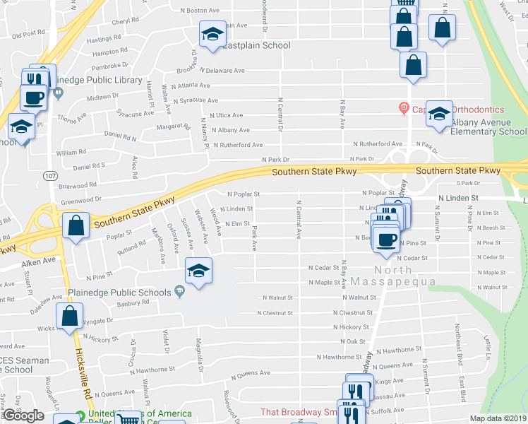 map of restaurants, bars, coffee shops, grocery stores, and more near 270 North Linden Street in Massapequa