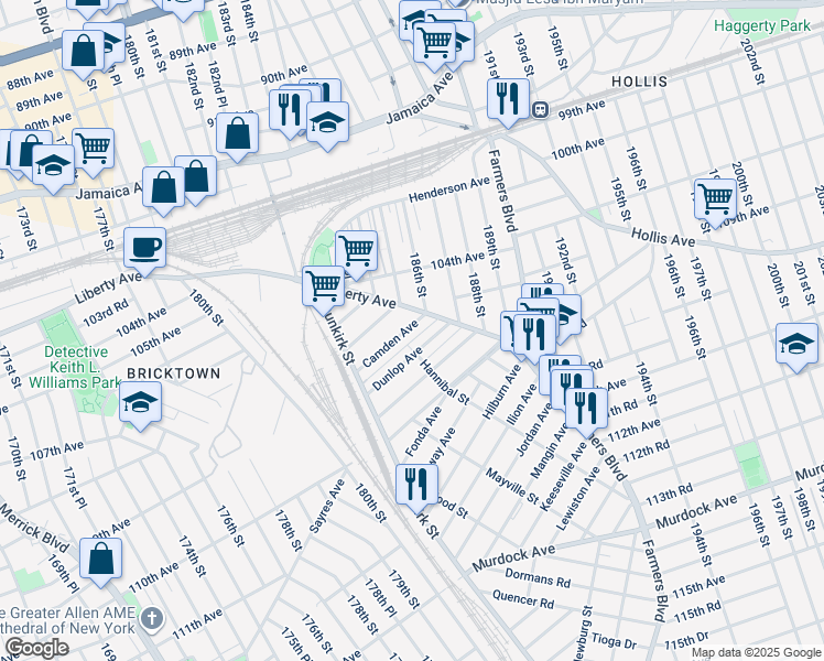 map of restaurants, bars, coffee shops, grocery stores, and more near 72 Camden Avenue in Queens