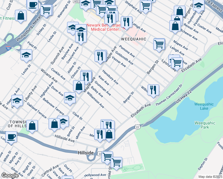 map of restaurants, bars, coffee shops, grocery stores, and more near 100 Keer Avenue in Newark