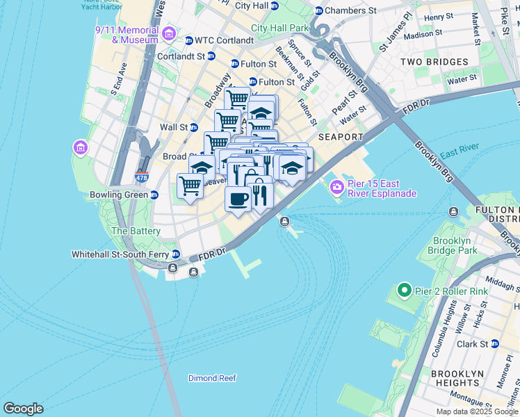 map of restaurants, bars, coffee shops, grocery stores, and more near 95 Wall Street in New York