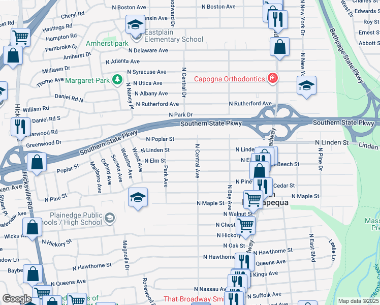 map of restaurants, bars, coffee shops, grocery stores, and more near 248 North Linden Street in Massapequa