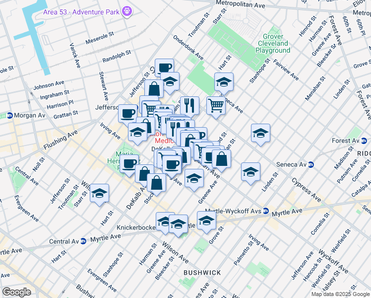 map of restaurants, bars, coffee shops, grocery stores, and more near Stockholm Street in Brooklyn