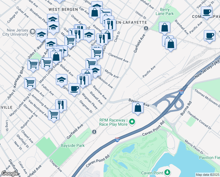 map of restaurants, bars, coffee shops, grocery stores, and more near 12 Wilkinson Avenue in Jersey City