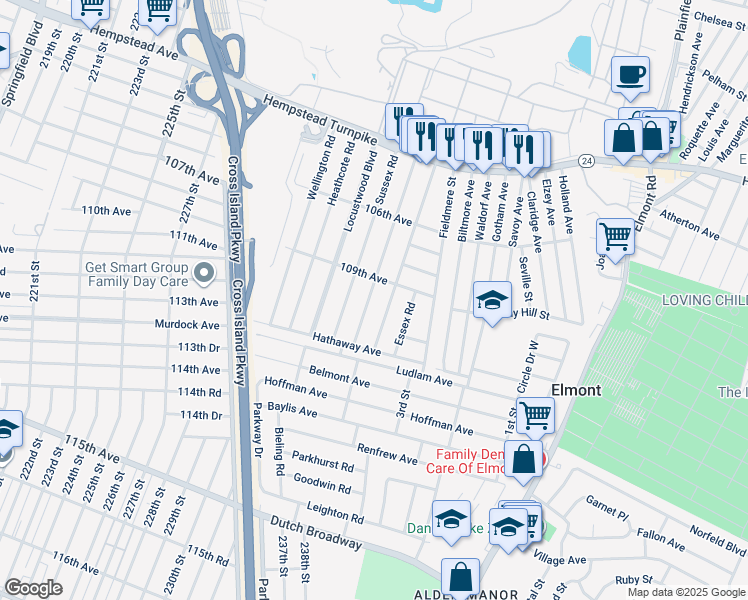 map of restaurants, bars, coffee shops, grocery stores, and more near 158 Sterling Road in Elmont