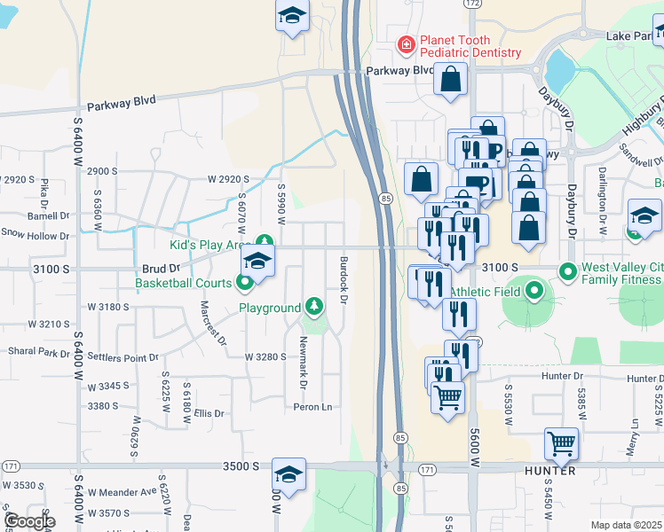 map of restaurants, bars, coffee shops, grocery stores, and more near 3099 Waterleaf Way in West Valley City