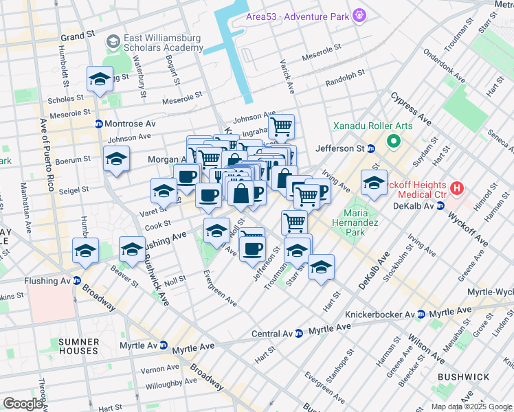 map of restaurants, bars, coffee shops, grocery stores, and more near 180 Noll Street in Brooklyn