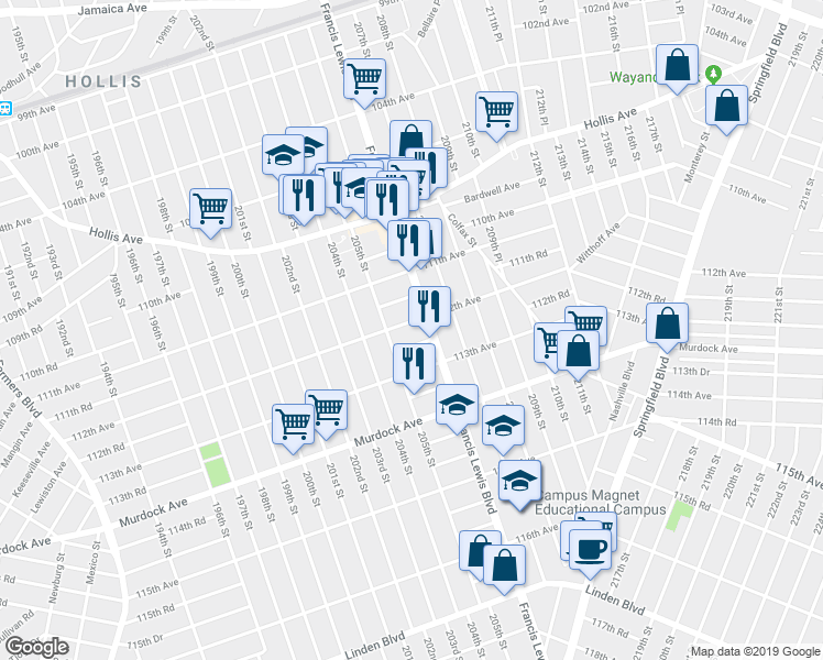 map of restaurants, bars, coffee shops, grocery stores, and more near 205-24 112th Avenue in Queens