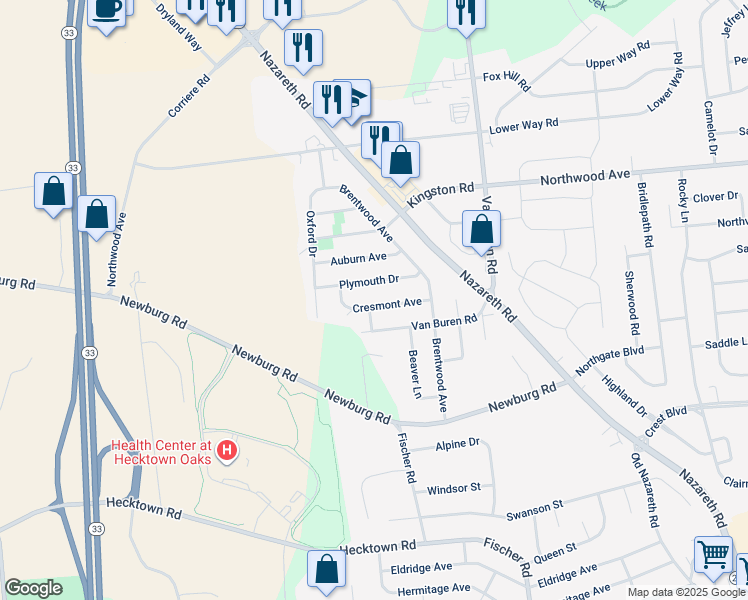 map of restaurants, bars, coffee shops, grocery stores, and more near 2715 Cresmont Avenue in Easton