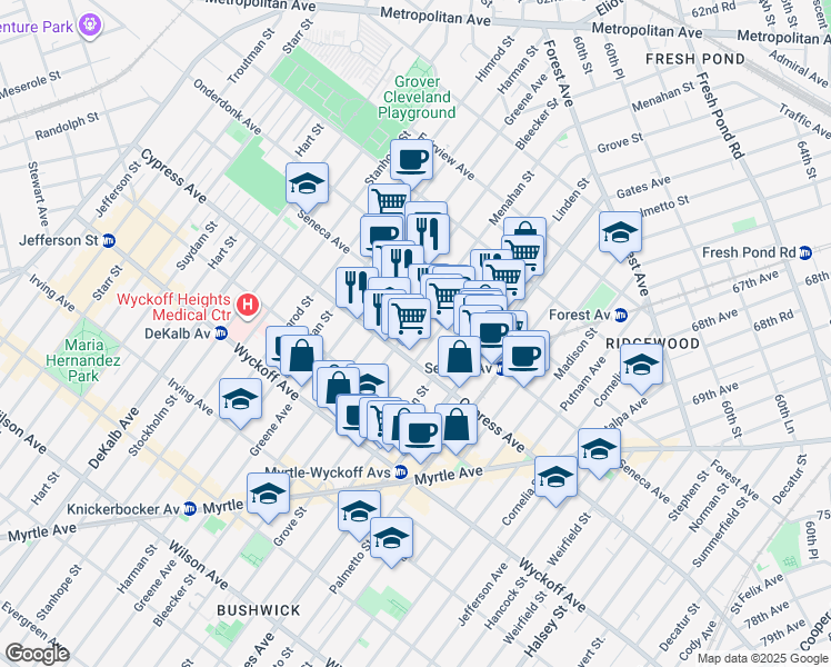 map of restaurants, bars, coffee shops, grocery stores, and more near 17-38 Menahan Street in Queens