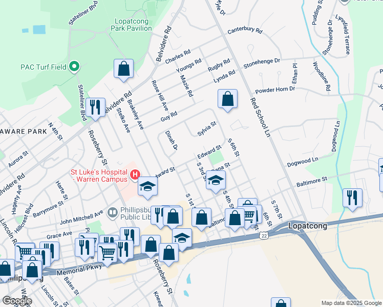 map of restaurants, bars, coffee shops, grocery stores, and more near 302 Edward Street in Phillipsburg