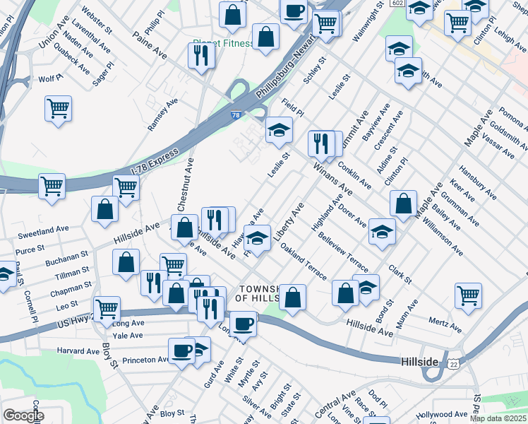 map of restaurants, bars, coffee shops, grocery stores, and more near 1469 Hiawatha Avenue in Hillside