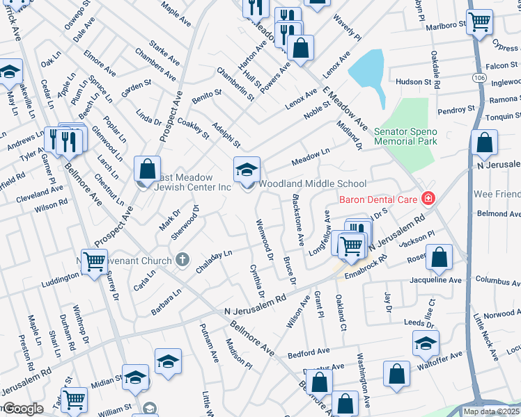 map of restaurants, bars, coffee shops, grocery stores, and more near 708 Morris Court in East Meadow