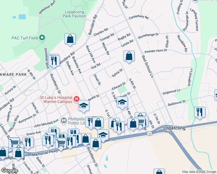 map of restaurants, bars, coffee shops, grocery stores, and more near 302 Edward Street in Phillipsburg