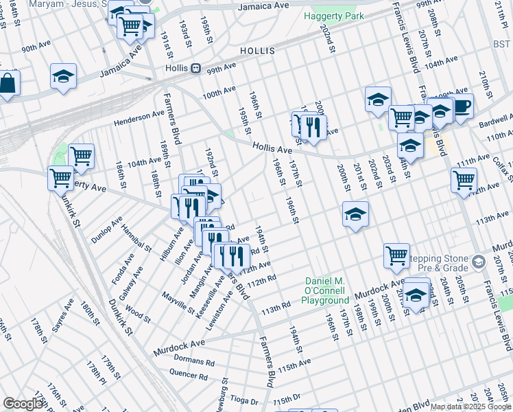 map of restaurants, bars, coffee shops, grocery stores, and more near 194-12 110th Avenue in Queens