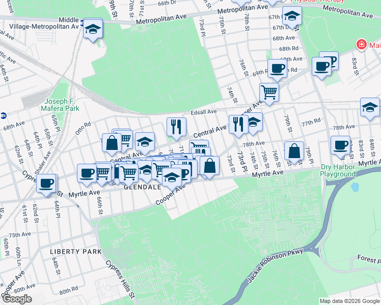 map of restaurants, bars, coffee shops, grocery stores, and more near 71-27 71st Place in Queens