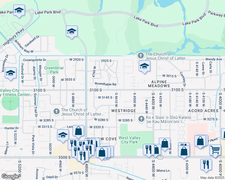 map of restaurants, bars, coffee shops, grocery stores, and more near 4642 3100 South in West Valley City