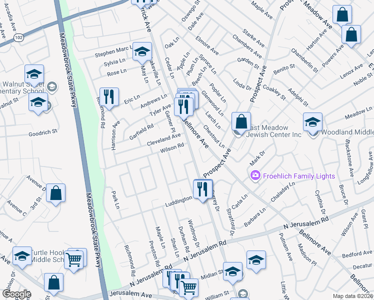 map of restaurants, bars, coffee shops, grocery stores, and more near 710 Merrick Avenue in East Meadow