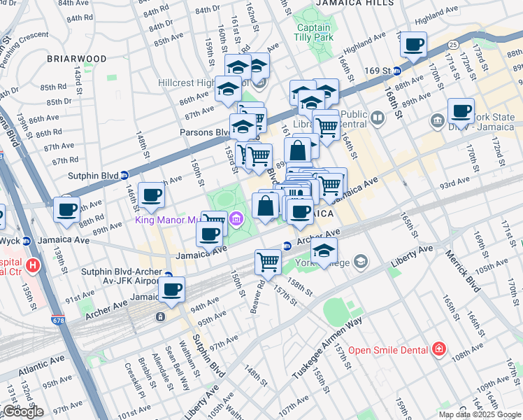 map of restaurants, bars, coffee shops, grocery stores, and more near 155-19 Jamaica Avenue in Queens