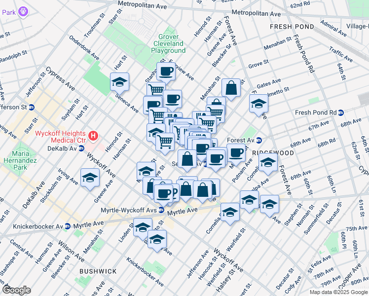map of restaurants, bars, coffee shops, grocery stores, and more near Seneca Avenue in New York