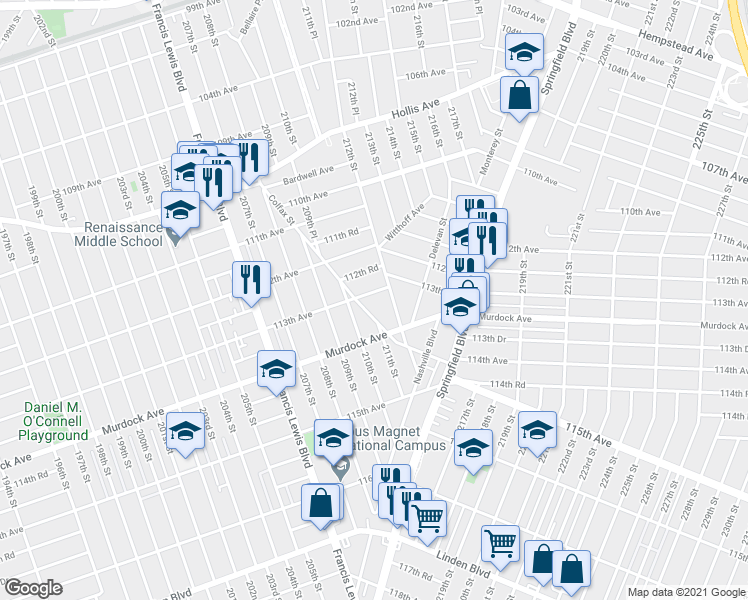 map of restaurants, bars, coffee shops, grocery stores, and more near 210-24 113th Avenue in Queens