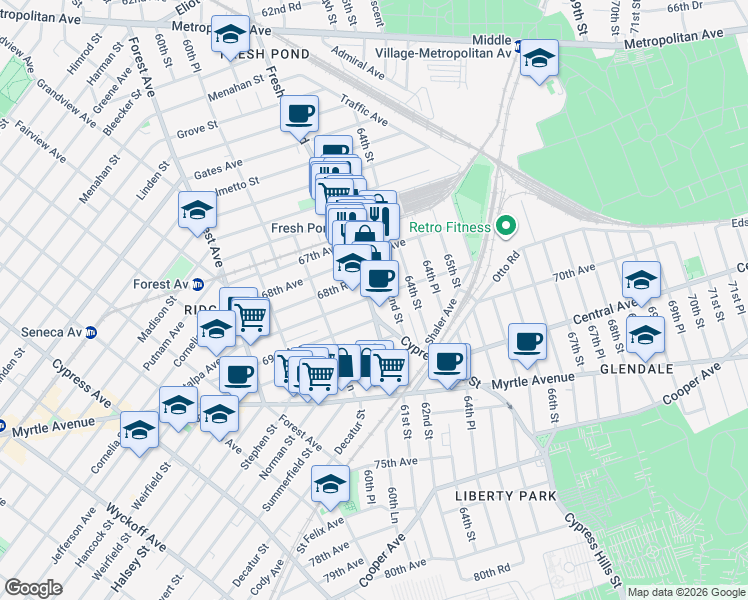 map of restaurants, bars, coffee shops, grocery stores, and more near in Queens