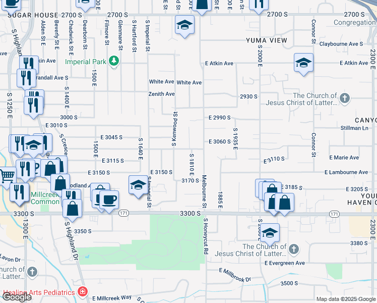 map of restaurants, bars, coffee shops, grocery stores, and more near 3086 South 1810 East in Salt Lake City