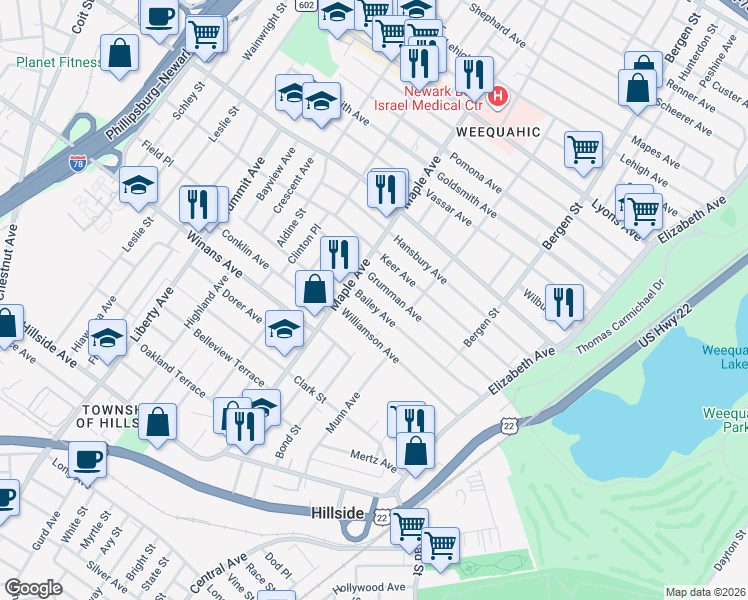map of restaurants, bars, coffee shops, grocery stores, and more near 150 Bailey Avenue in Hillside