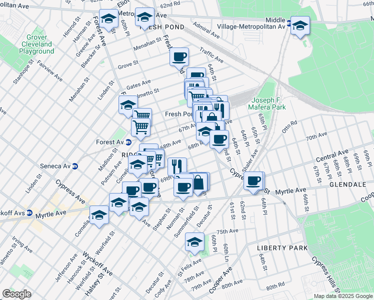 map of restaurants, bars, coffee shops, grocery stores, and more near 60-56 68th Road in Queens