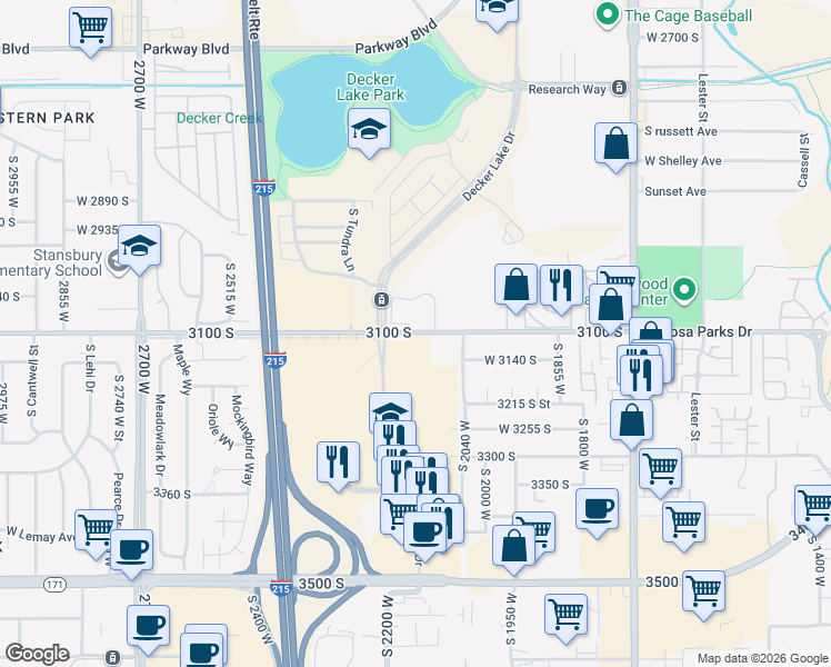 map of restaurants, bars, coffee shops, grocery stores, and more near 2186 3100 South in West Valley City