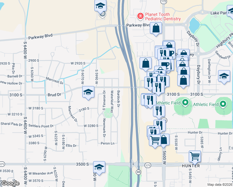 map of restaurants, bars, coffee shops, grocery stores, and more near 3099 Waterleaf Way in West Valley City