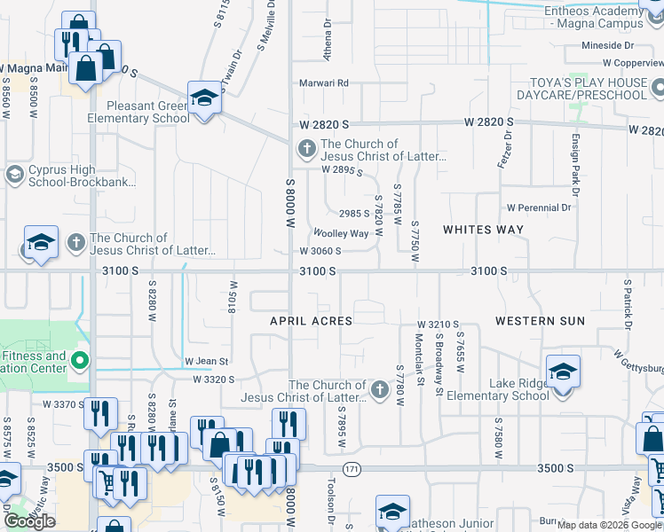 map of restaurants, bars, coffee shops, grocery stores, and more near 7902 3100 South in Magna
