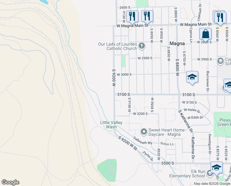 map of restaurants, bars, coffee shops, grocery stores, and more near 9182 West 3100 South in Magna