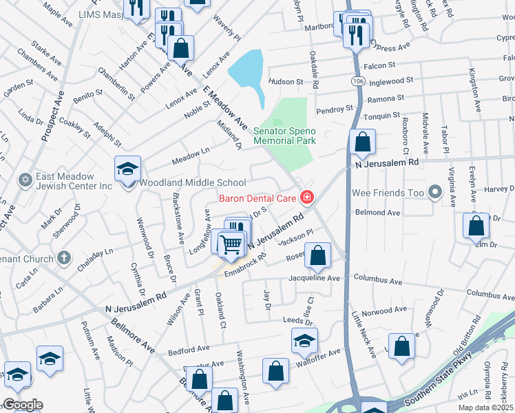 map of restaurants, bars, coffee shops, grocery stores, and more near 2133 Central Drive South in East Meadow