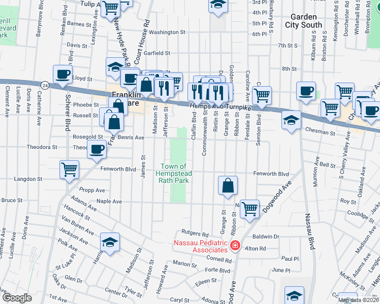 map of restaurants, bars, coffee shops, grocery stores, and more near 146 Claflin Boulevard in Franklin Square