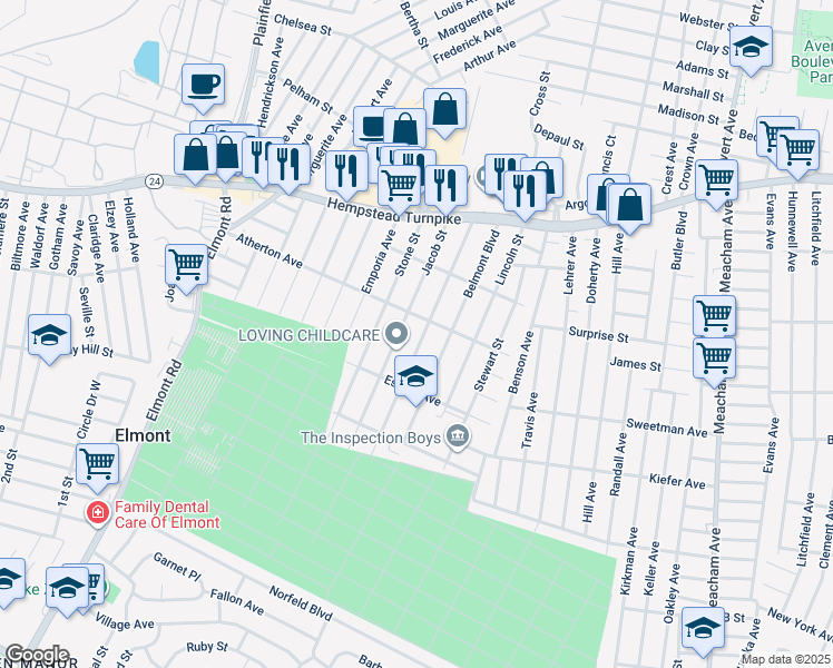 map of restaurants, bars, coffee shops, grocery stores, and more near 150 Franklin Street in Elmont