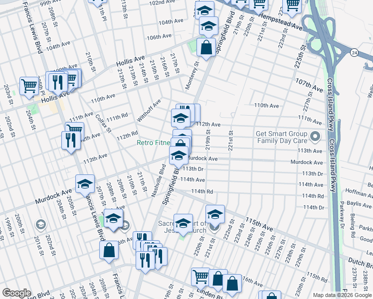map of restaurants, bars, coffee shops, grocery stores, and more near 113-05 Springfield Boulevard in Queens