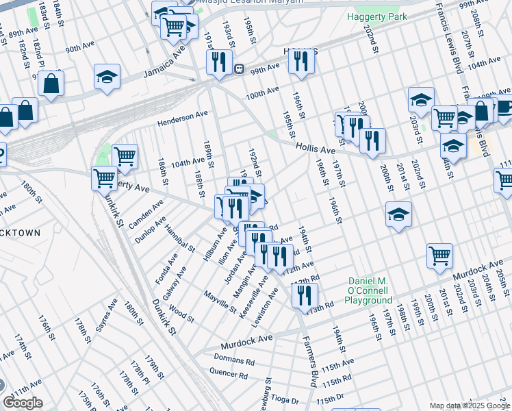map of restaurants, bars, coffee shops, grocery stores, and more near 190-27 109th Road in Queens